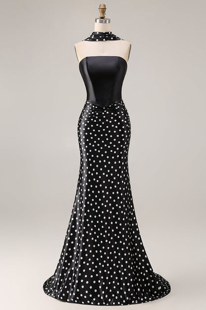 Black and White Polka Dots Mermaid Neck Scarf Satin Long Prom Dress