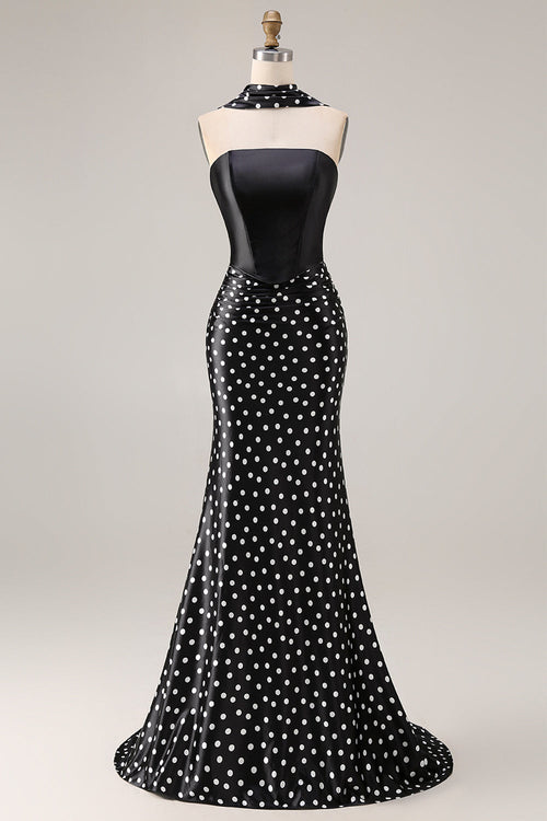 Black and White Satin Mermaid Polka Dots Neck Scarf Long Prom Dress