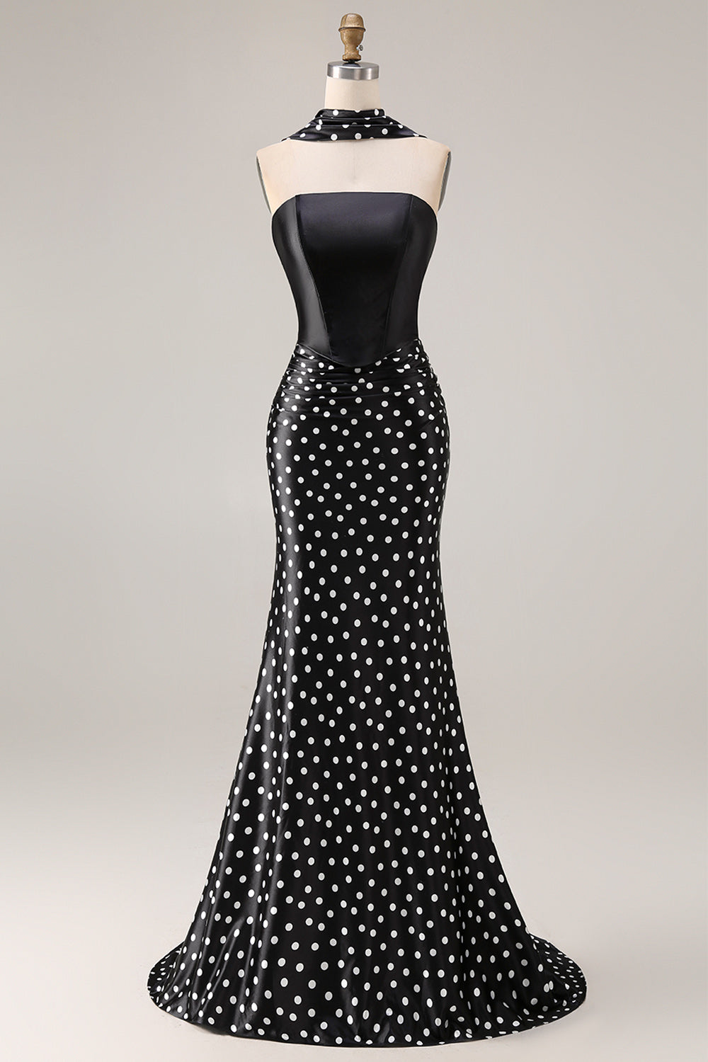 Black and White Neck Scarf Polka Dots Long Mermaid Prom Dress