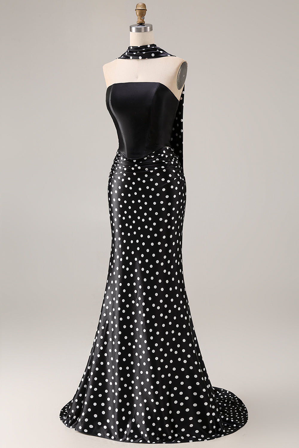 Black and White Satin Mermaid Polka Dots Neck Scarf Long Prom Dress