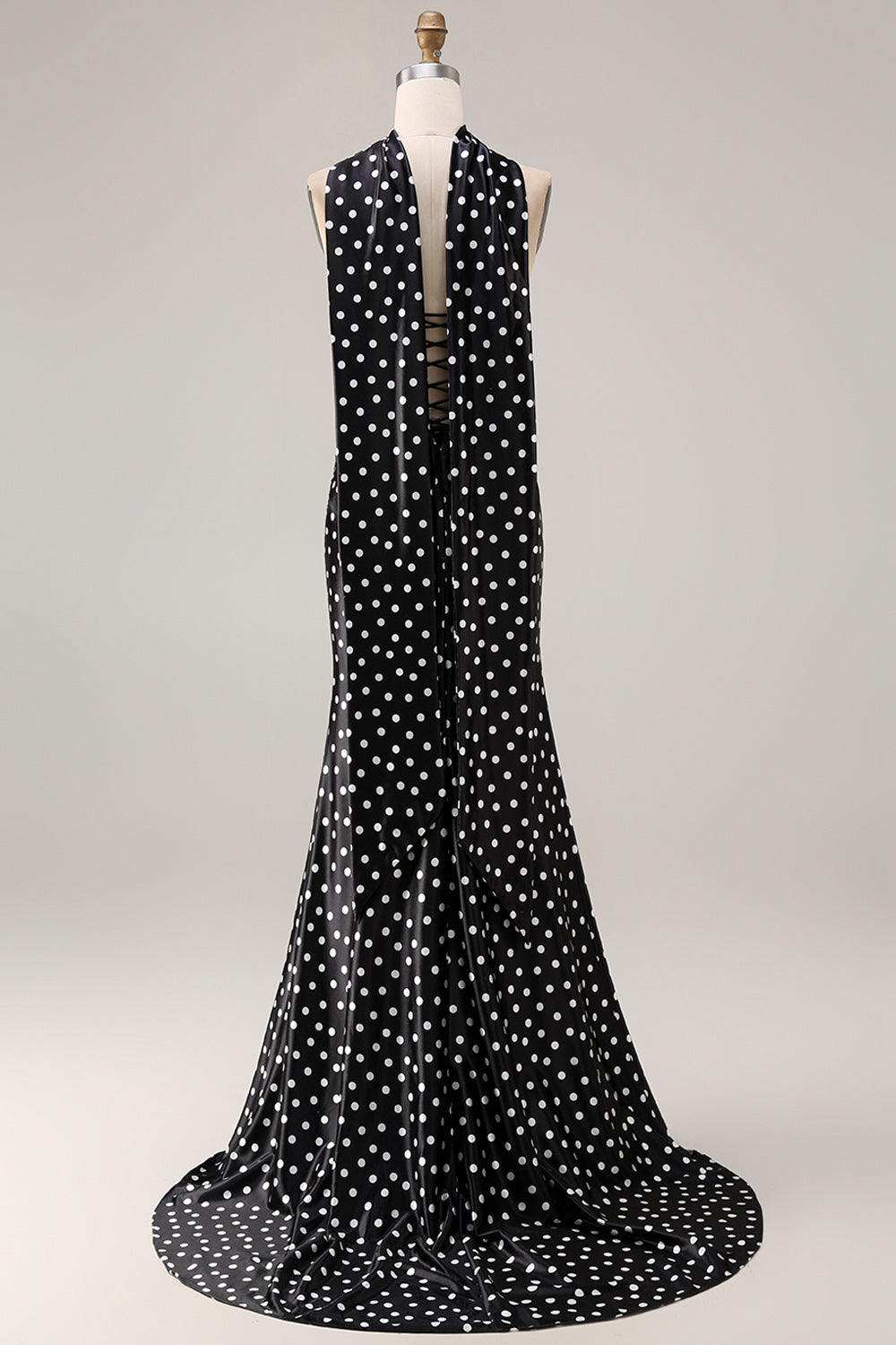 Black and White Satin Mermaid Polka Dots Neck Scarf Long Prom Dress