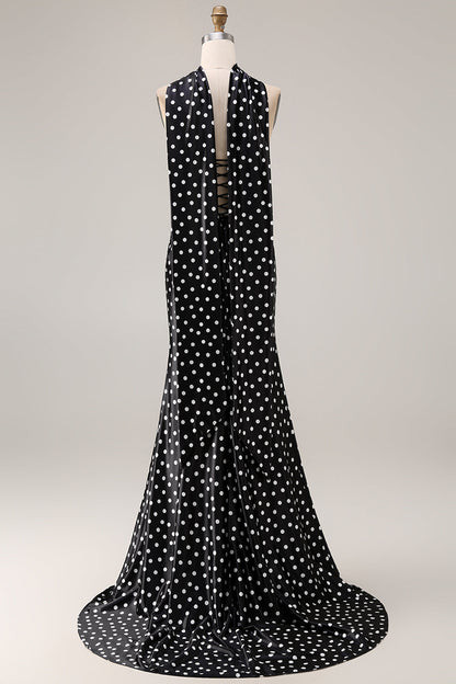 Black and White Polka Dots Neck Scarf Mermaid Long Prom Dress