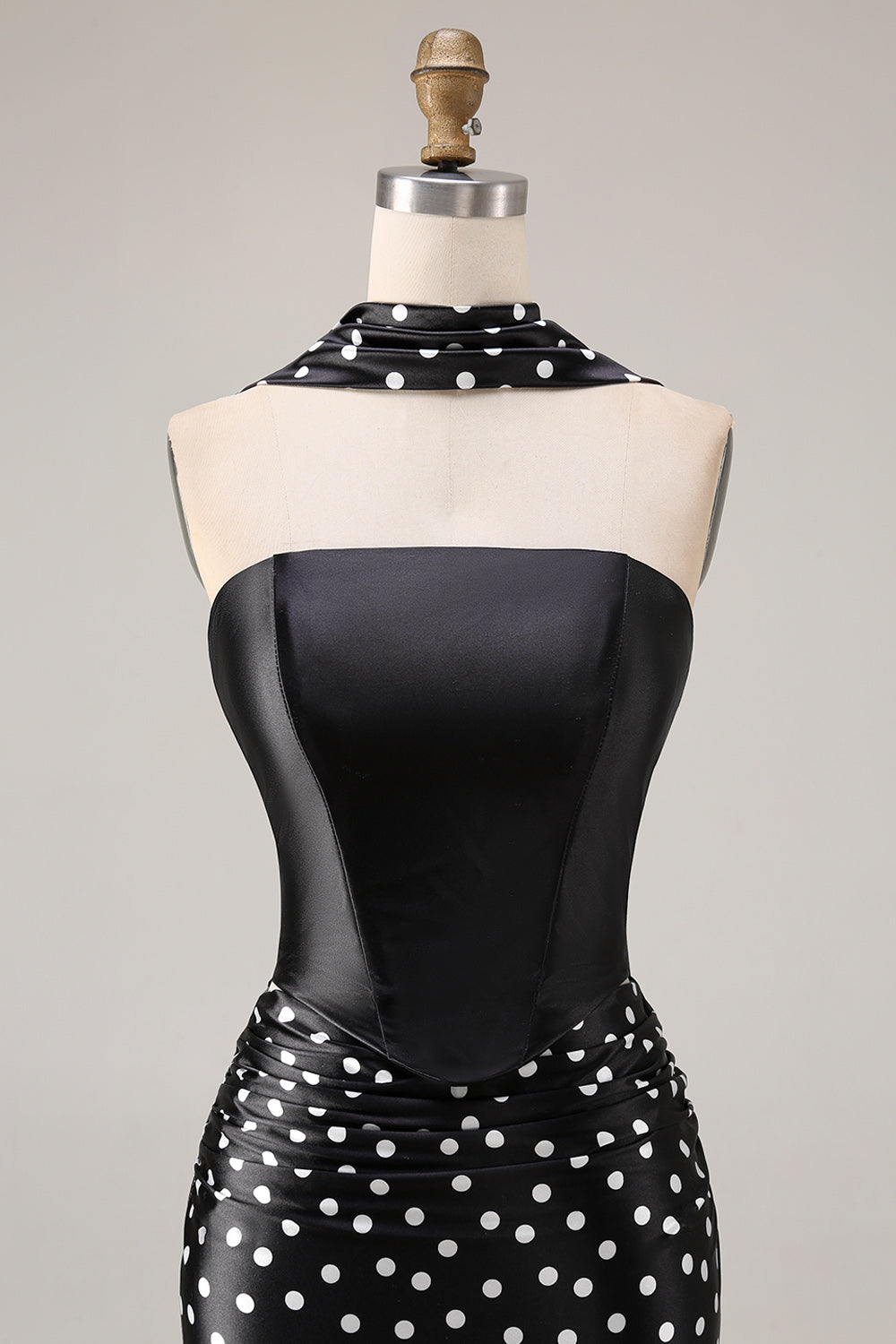 Black and White Neck Scarf Polka Dots Long Mermaid Prom Dress