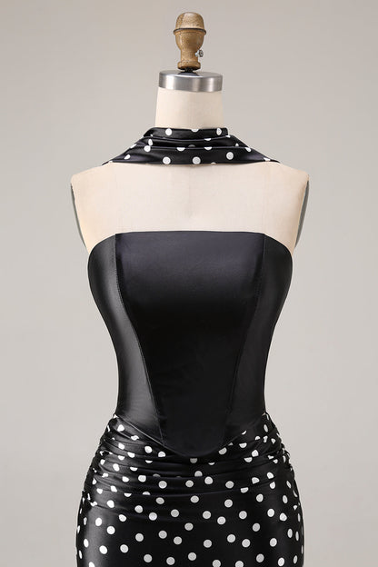 Black and White Neck Scarf Polka Dots Long Mermaid Prom Dress