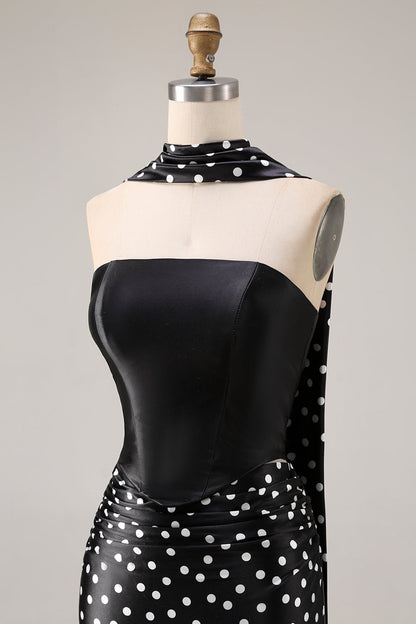 Black and White Neck Scarf Polka Dots Long Mermaid Prom Dress