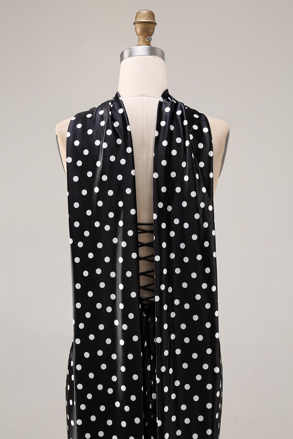 Black and White Neck Scarf Polka Dots Long Mermaid Prom Dress