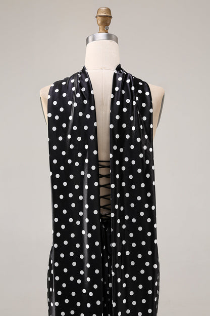 Black and White Neck Scarf Polka Dots Long Mermaid Prom Dress