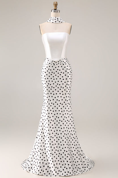 Black and White Satin Mermaid Polka Dots Neck Scarf Long Prom Dress