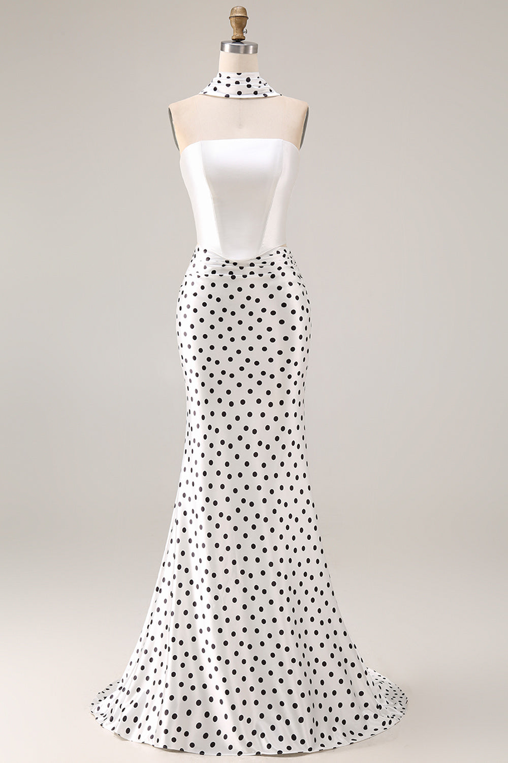 Black and White Neck Scarf Polka Dots Long Mermaid Prom Dress