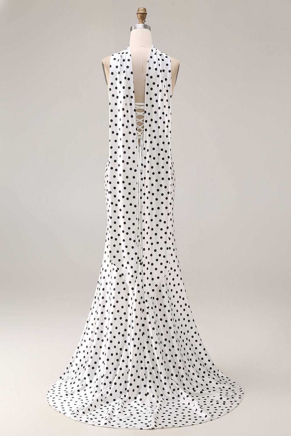 Black and White Polka Dots Mermaid Neck Scarf Satin Long Prom Dress