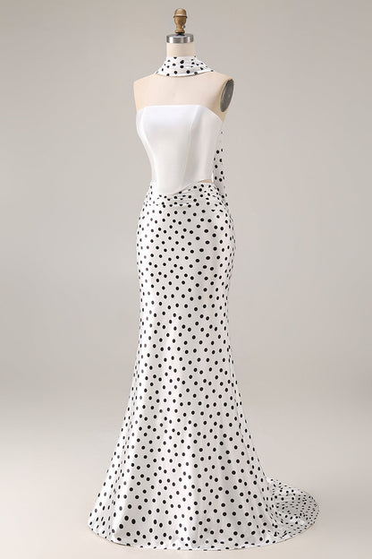 Black and White Neck Scarf Polka Dots Long Mermaid Prom Dress
