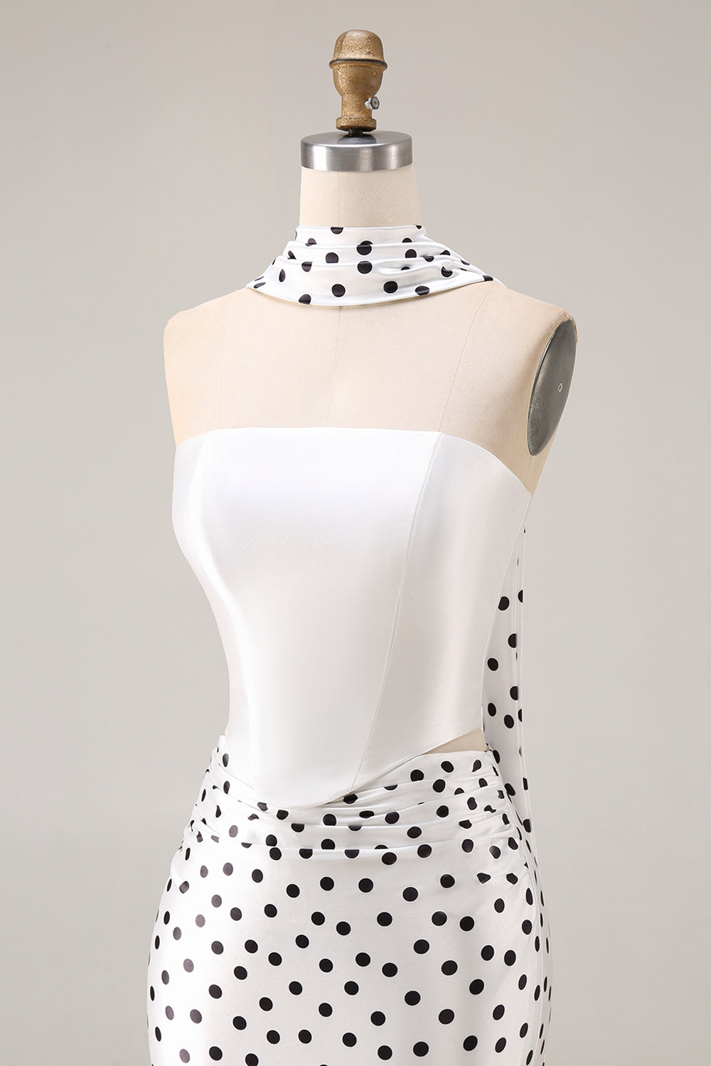 Black and White Satin Mermaid Polka Dots Neck Scarf Long Prom Dress