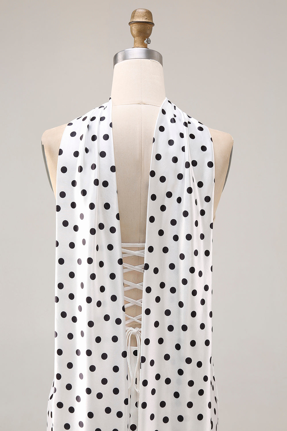 Black and White Satin Mermaid Polka Dots Neck Scarf Long Prom Dress