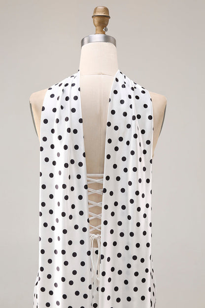 Black and White Satin Mermaid Polka Dots Neck Scarf Long Prom Dress