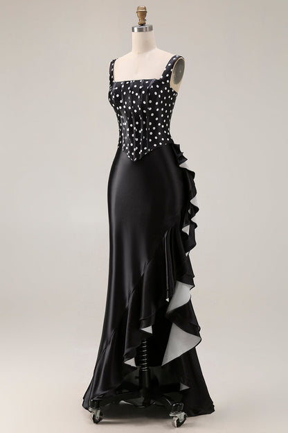 Black and White Polka Dots Corset Mermaid Asymmetrical Prom Dress with Ruffles