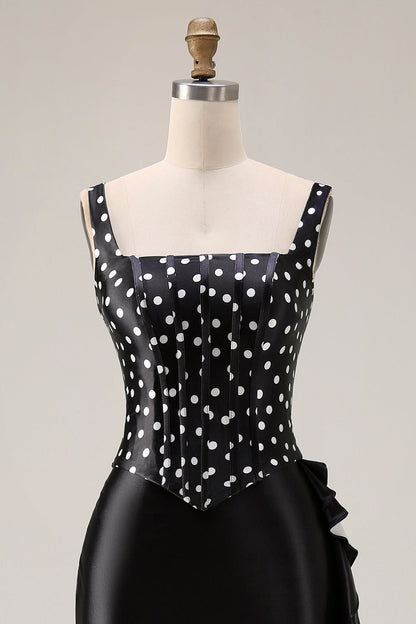 Black and White Polka Dots Corset Mermaid Asymmetrical Prom Dress with Ruffles