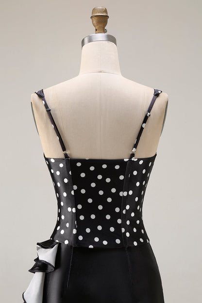 Black and White Polka Dots Corset Mermaid Asymmetrical Prom Dress with Ruffles