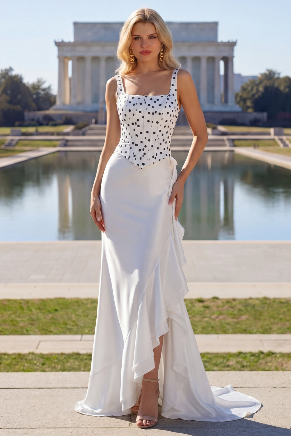 Black and White Polka Dots Corset Mermaid Asymmetrical Prom Dress with Ruffles