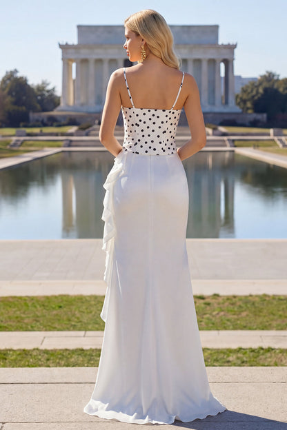 Black and White Polka Dots Corset Mermaid Asymmetrical Prom Dress with Ruffles