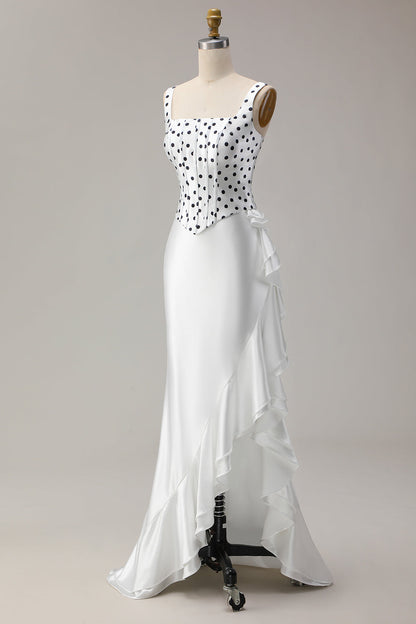Black and White Polka Dots Corset Mermaid Asymmetrical Prom Dress with Ruffles