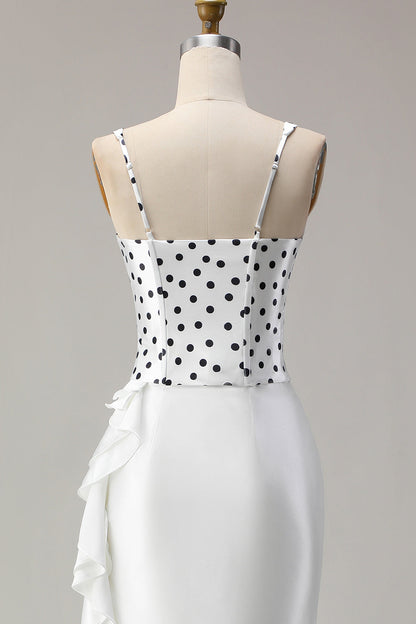 Black and White Polka Dots Corset Mermaid Asymmetrical Prom Dress with Ruffles