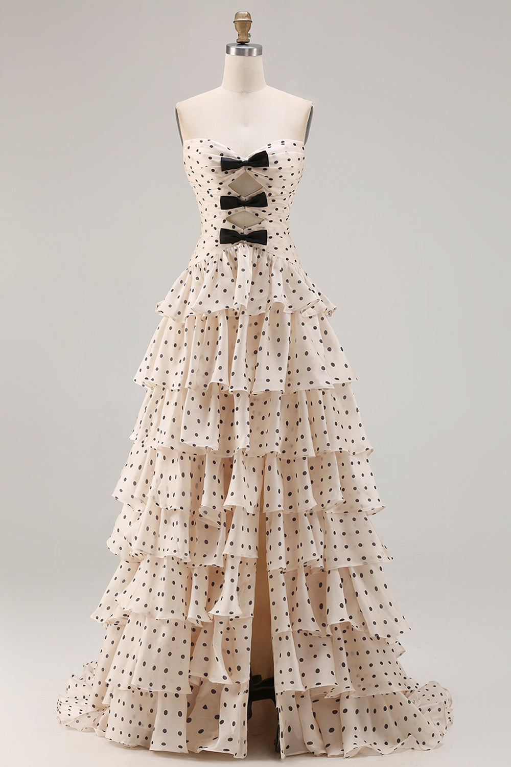 Apricot Black Polka Dots A Line Tiered Strapless Long Corset Prom Dress with Keyhole