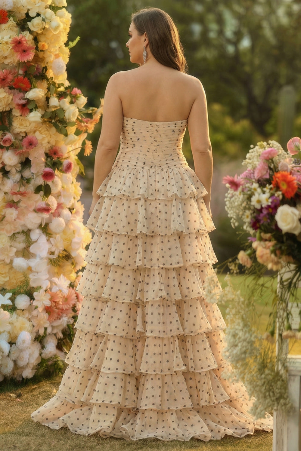 Black and Apricot Polka Dots A Line Strapless Long Corset Prom Dress with Keyhole