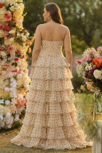 Black and Apricot Polka Dots A Line Strapless Long Corset Prom Dress with Keyhole