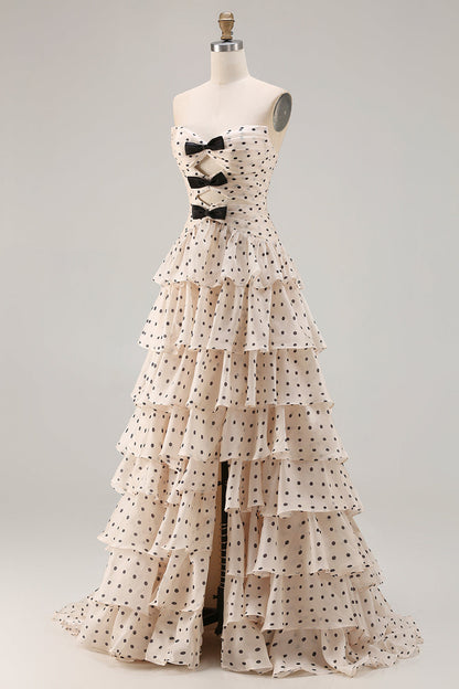Black and Apricot Polka Dots A Line Strapless Long Corset Prom Dress with Keyhole