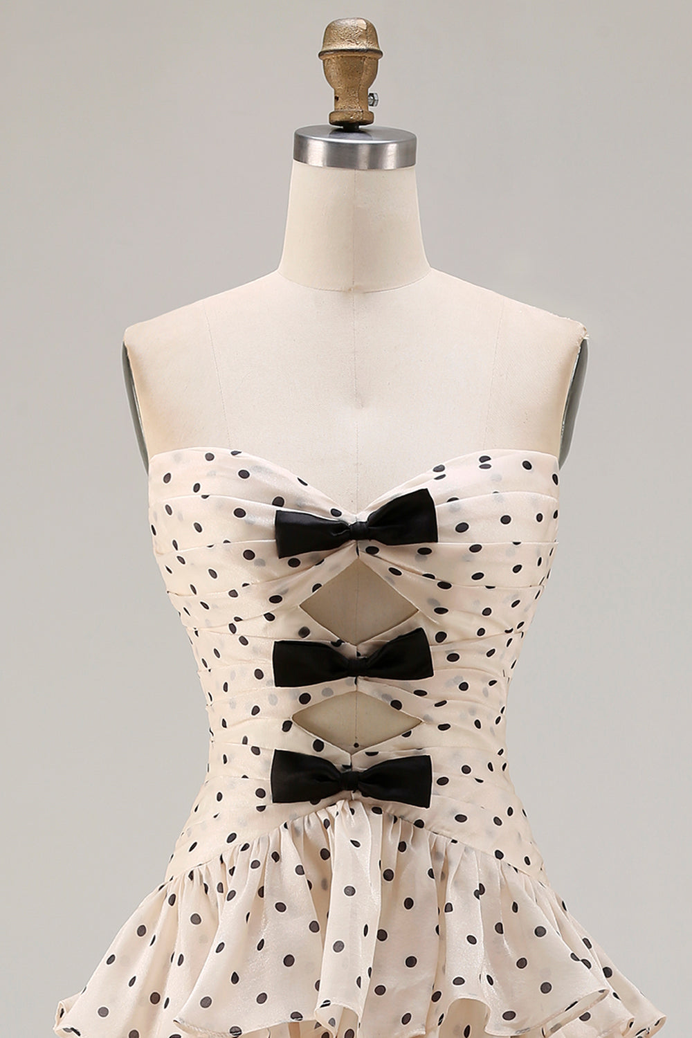 Black and Apricot Polka Dots A Line Strapless Long Corset Prom Dress with Keyhole