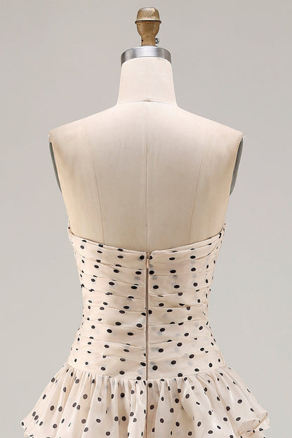 Black and Apricot Polka Dots A Line Strapless Long Corset Prom Dress with Keyhole