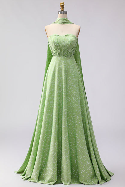 Green White Polka Dots A Line Neck Scarf Long Bridesmaid Dress