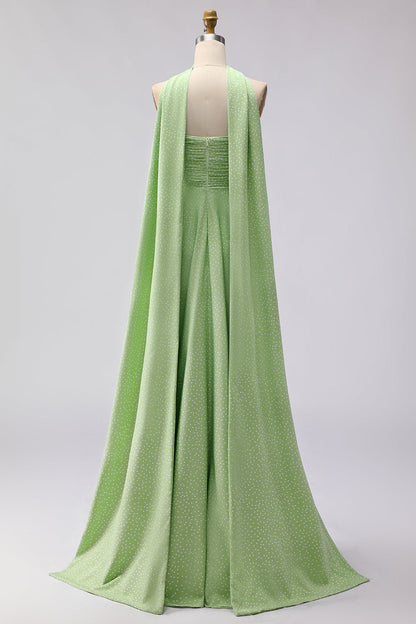 Green White Polka Dots A Line Neck Scarf Long Bridesmaid Dress