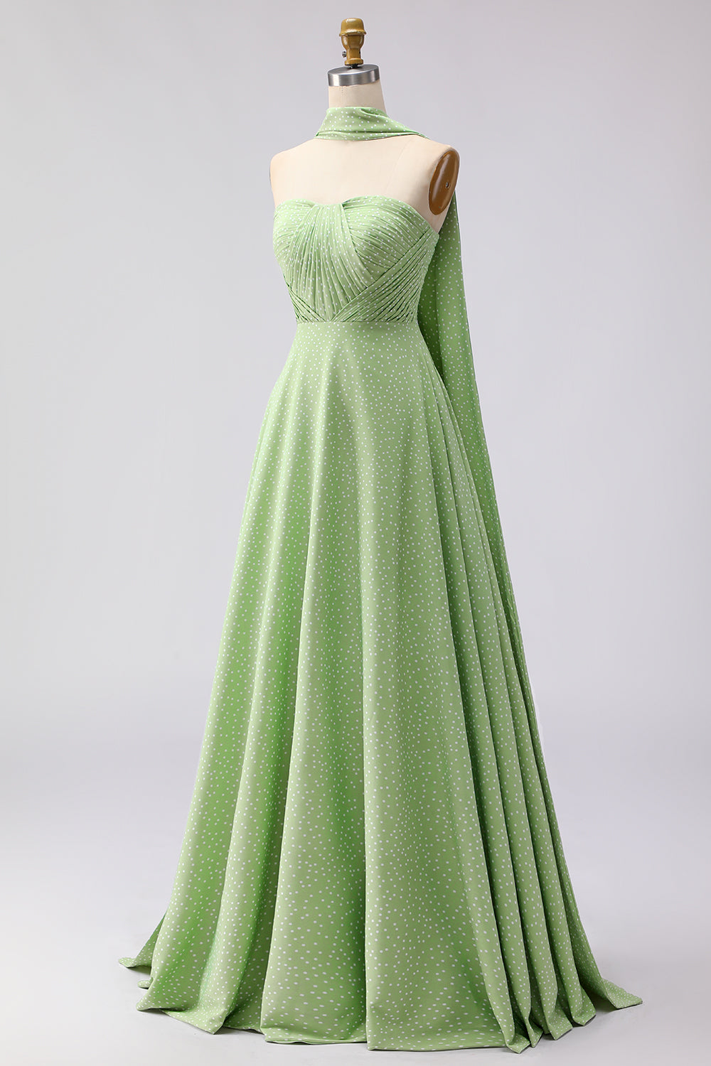 Green White Polka Dots A Line Neck Scarf Long Bridesmaid Dress