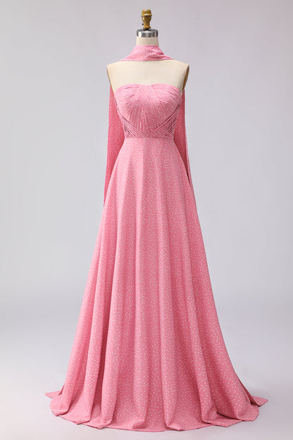 Pink White Polka Dots Neck Scarf A Line Long Bridesmaid Dress