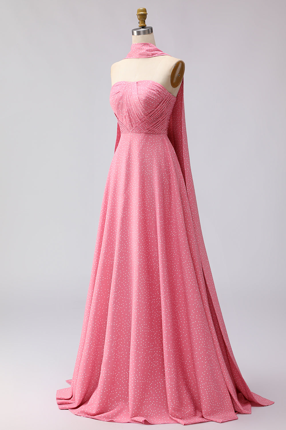 Pink White Polka Dots Neck Scarf A Line Long Bridesmaid Dress