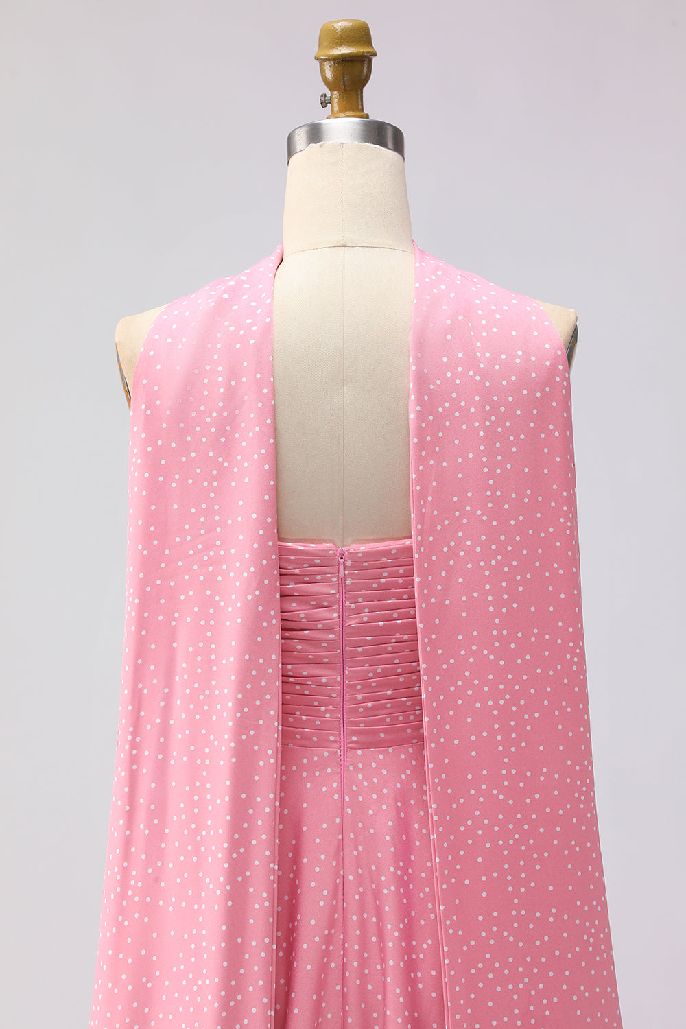 Pink White Polka Dots Neck Scarf A Line Long Bridesmaid Dress