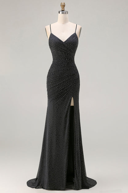 Sparkly Black Mermaid Polka Dots Criss Cross Back Long Prom Dress with Slit