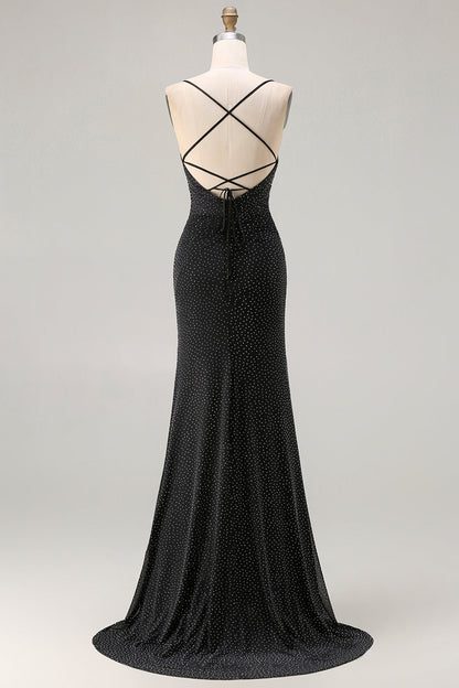 Black Polka Dots Mermaid Criss Cross Back Long Prom Dress with Slit
