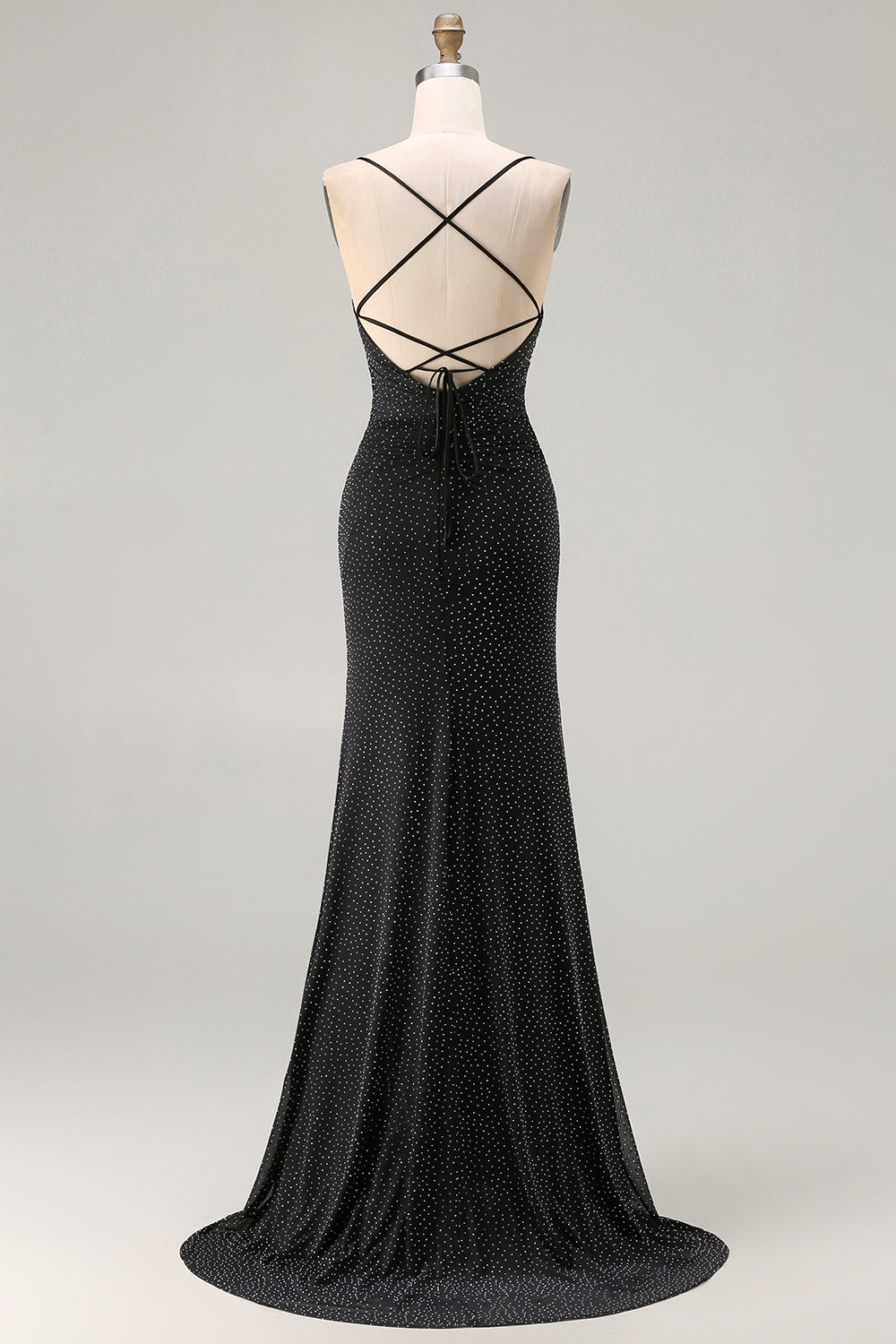 Sparkly Black Mermaid Polka Dots Criss Cross Back Long Prom Dress with Slit