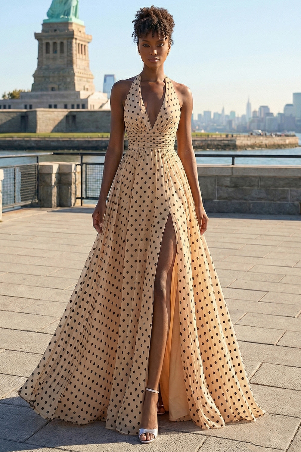 Black and Apricot Polka Dots A Line Halter Neck Long Prom Dress with Slit