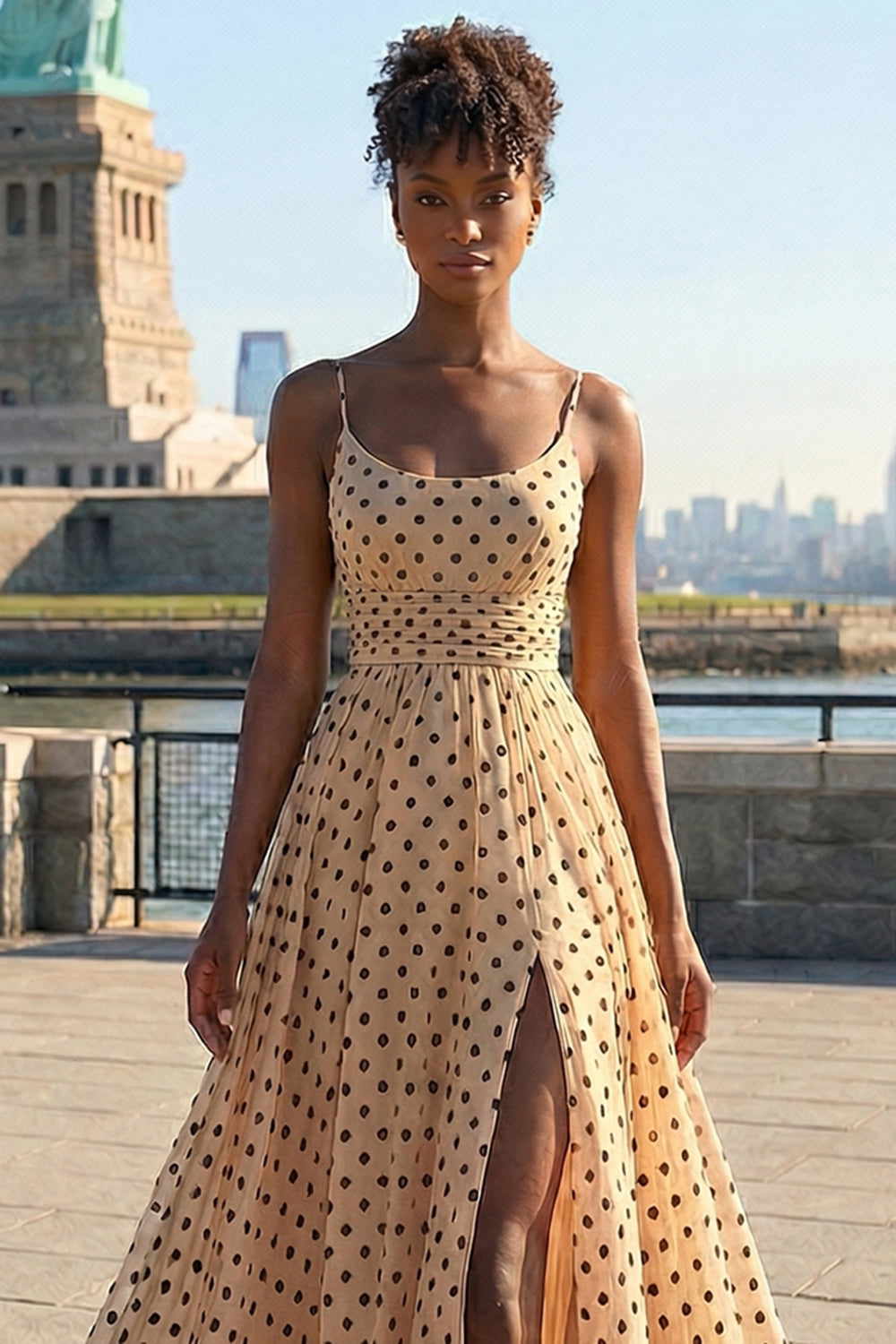 Black and Apricot Polka Dots Spaghetti Straps A Line Long Prom Dress with Slit