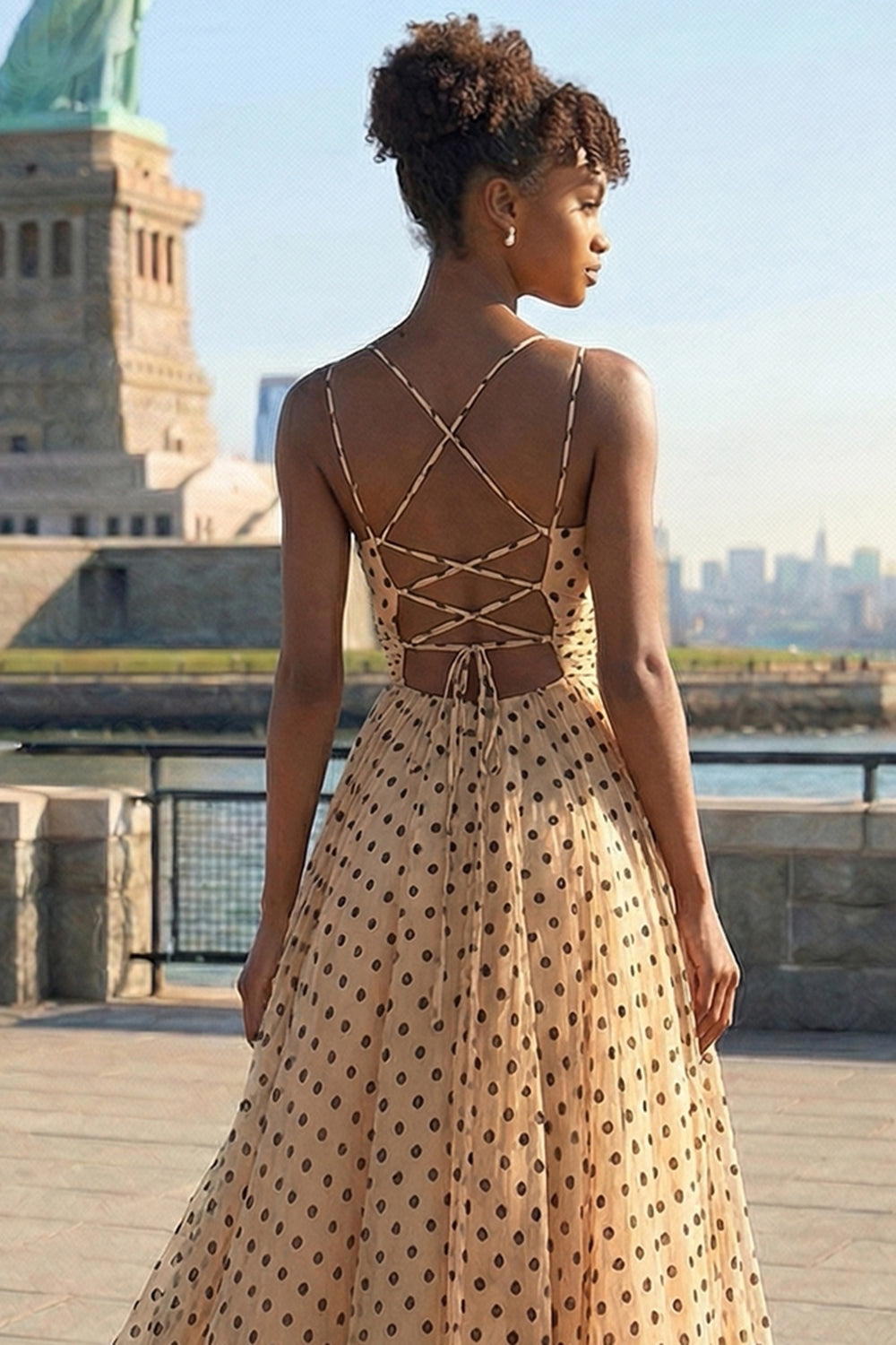 Black and Apricot Polka Dots Spaghetti Straps A Line Long Prom Dress with Slit