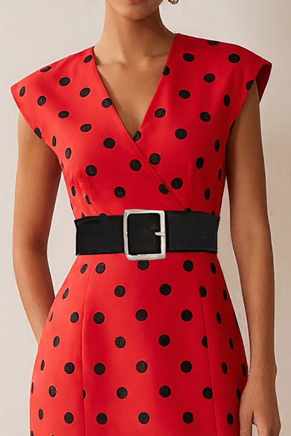 White and Black Polka Dots Pencil Midi Work Dress with Belt