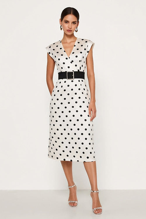 White and Black Polka Dots Pencil Midi Work Dress with Belt