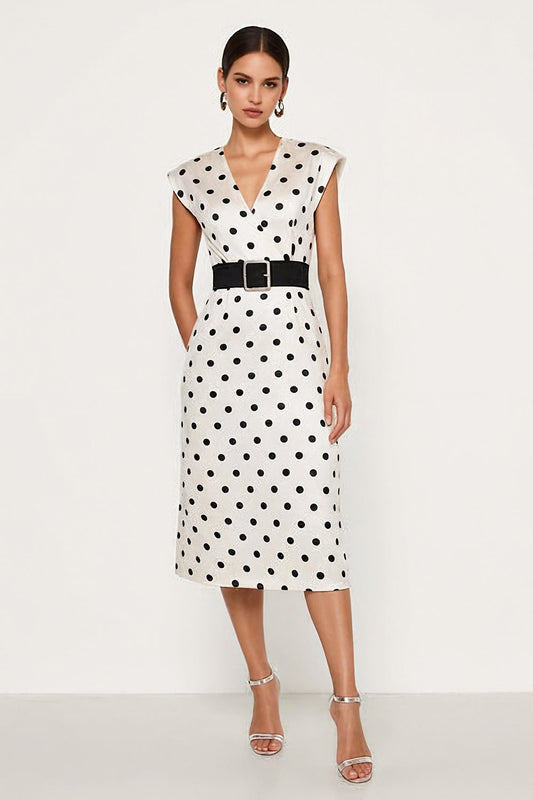 White and Black Polka Dots Pencil Midi Work Dress with Belt