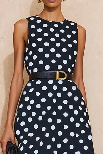 Navy and White Polka Dots Crew Neck Maxi Work Dress with Belt