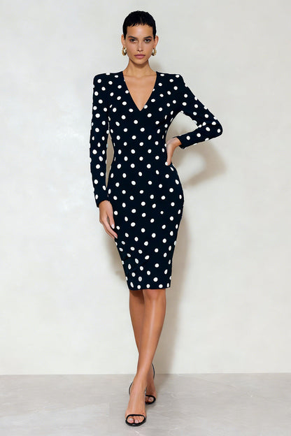 Black and White Polka Dots Pencil Midi Work Dress with Sleeves