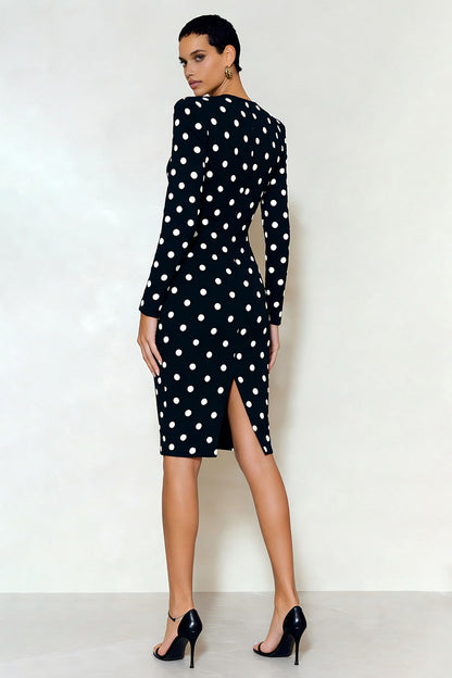 Black and White Polka Dots Pencil Midi Work Dress with Sleeves