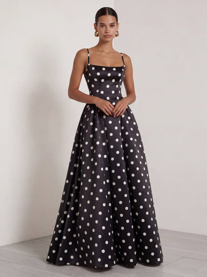 Black and White Polka Dots  A Line Satin Spaghetti Straps Long Formal Dress
